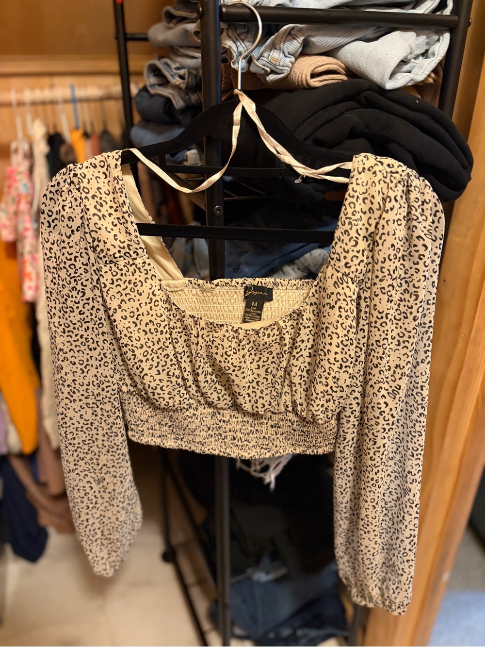 Japna Beige Leopard Smocked Crop Top
